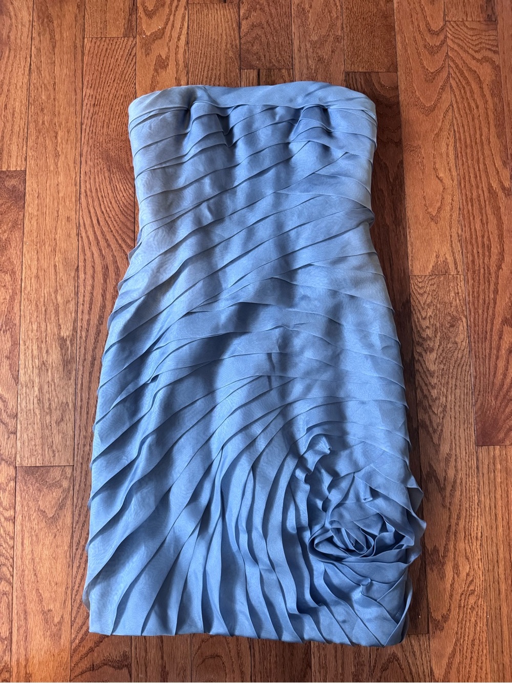 Bergdorf Goodman Strapless Pleated Sheath Dress in Dusty Blue Carmen Marc Valvo